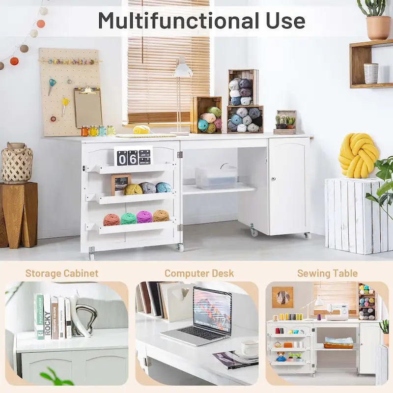 Costway Folding Sewing Table Shelves Storage Cabinet Craft Cart with - See Details