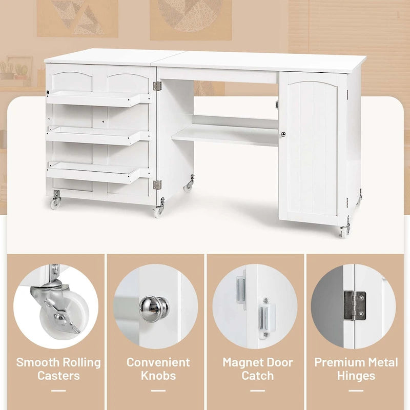 Costway Folding Sewing Table Shelves Storage Cabinet Craft Cart with - See Details