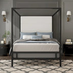 Sleek Modern Metal Canopy Bed with Tall Linen Upholstered Headboard