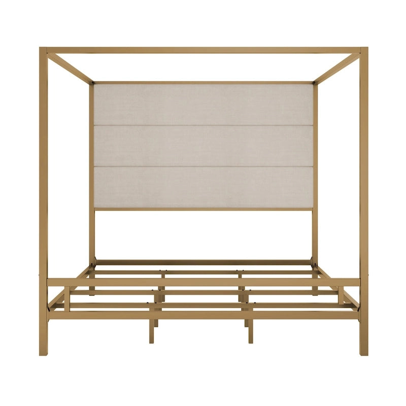 Sleek Modern Metal Canopy Bed with Tall Linen Upholstered Headboard
