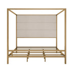 Sleek Modern Metal Canopy Bed with Tall Linen Upholstered Headboard