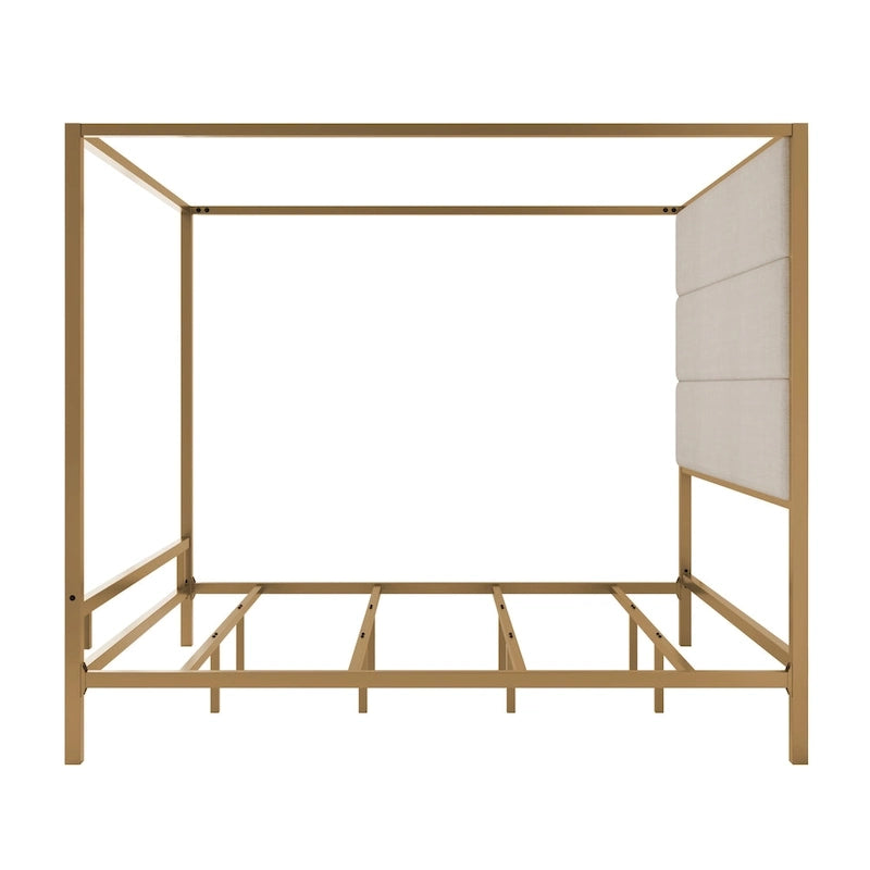 Sleek Modern Metal Canopy Bed with Tall Linen Upholstered Headboard