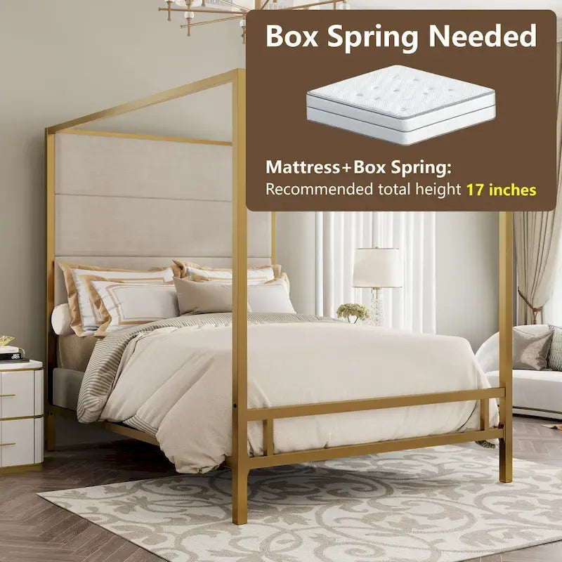 Sleek Modern Metal Canopy Bed with Tall Linen Upholstered Headboard