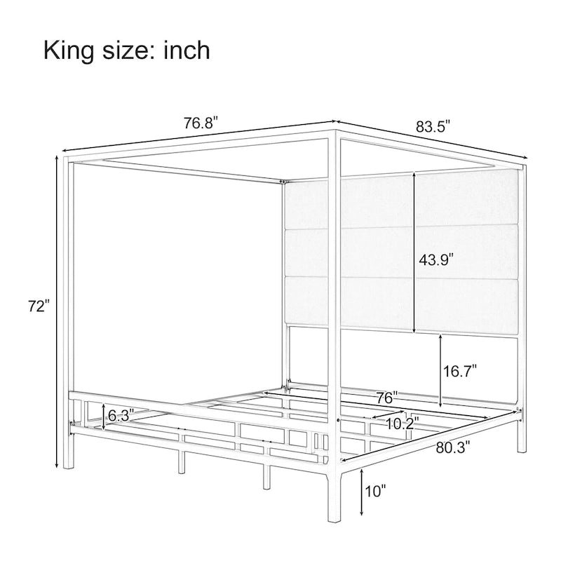 Sleek Modern Metal Canopy Bed with Tall Linen Upholstered Headboard