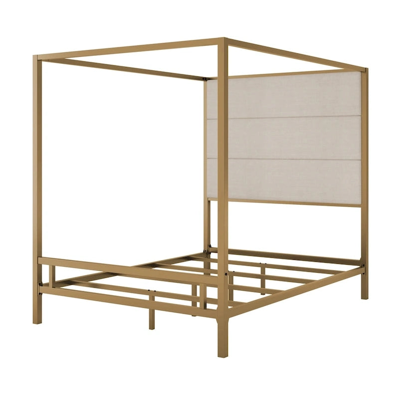 Sleek Modern Metal Canopy Bed with Tall Linen Upholstered Headboard
