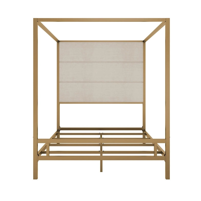 Sleek Modern Metal Canopy Bed with Tall Linen Upholstered Headboard