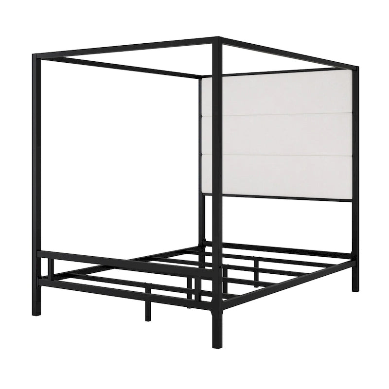 Sleek Modern Metal Canopy Bed with Tall Linen Upholstered Headboard