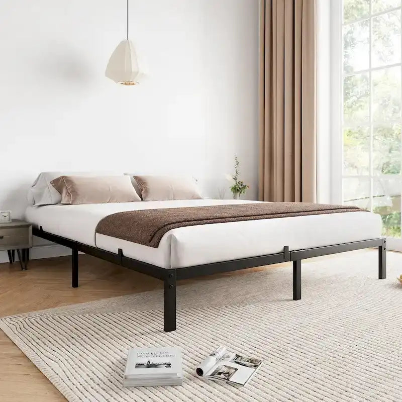 Bed Frame No Box Spring Needed, Heavy Duty Queen Platform Metal Bed Frame with Metal Slats