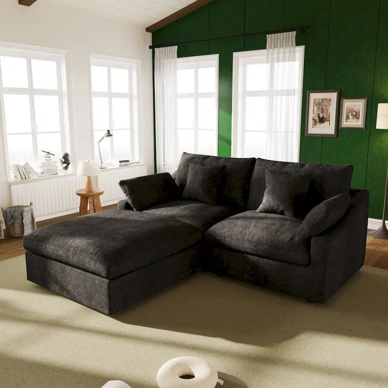 82.68 Down Filled Sectional Couch L-shape Linen Upholstered Loveseat with Ottoman