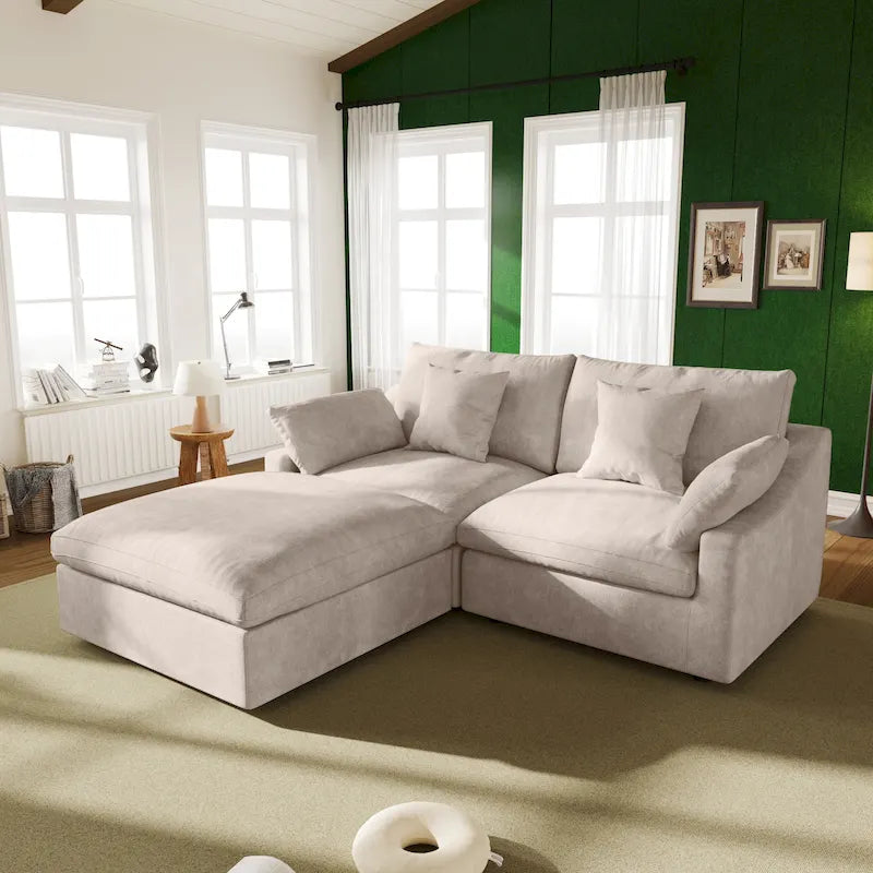 82.68 Down Filled Sectional Couch L-shape Linen Upholstered Loveseat with Ottoman