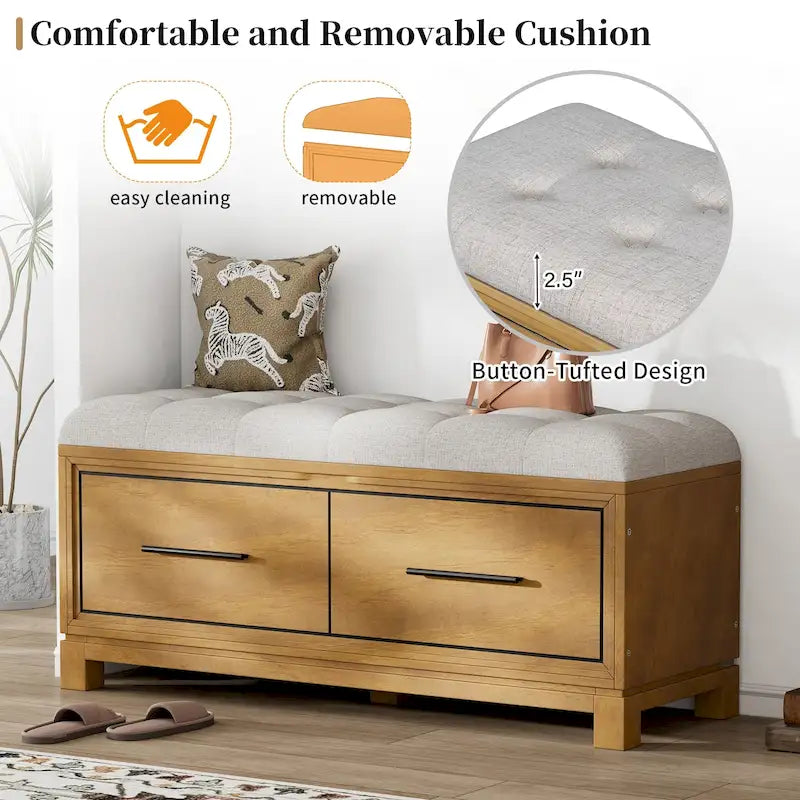 43 Shoe Bench with Removable Cushion & Lift Top Storage, Entryway Bench Wooden End of Bed Bench, Hidden Storage Space