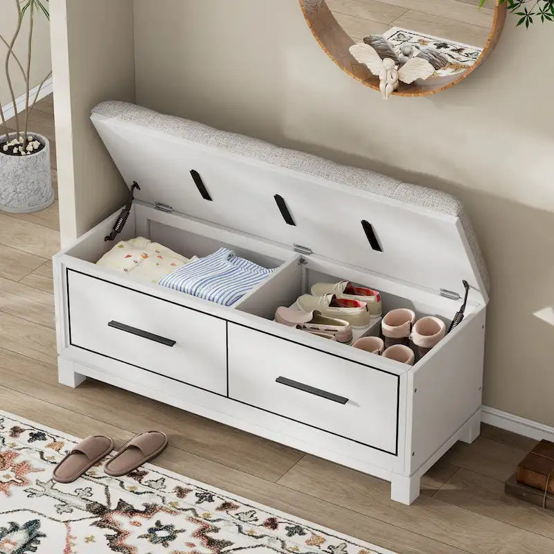 43 Shoe Bench with Removable Cushion & Lift Top Storage, Entryway Bench Wooden End of Bed Bench, Hidden Storage Space