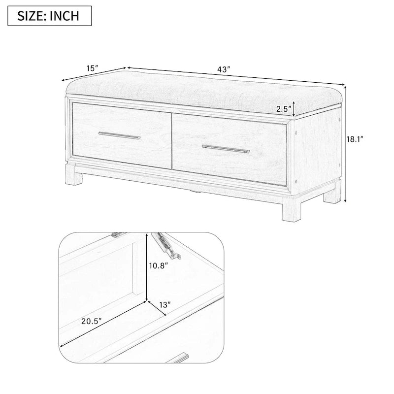 43 Shoe Bench with Removable Cushion & Lift Top Storage, Entryway Bench Wooden End of Bed Bench, Hidden Storage Space