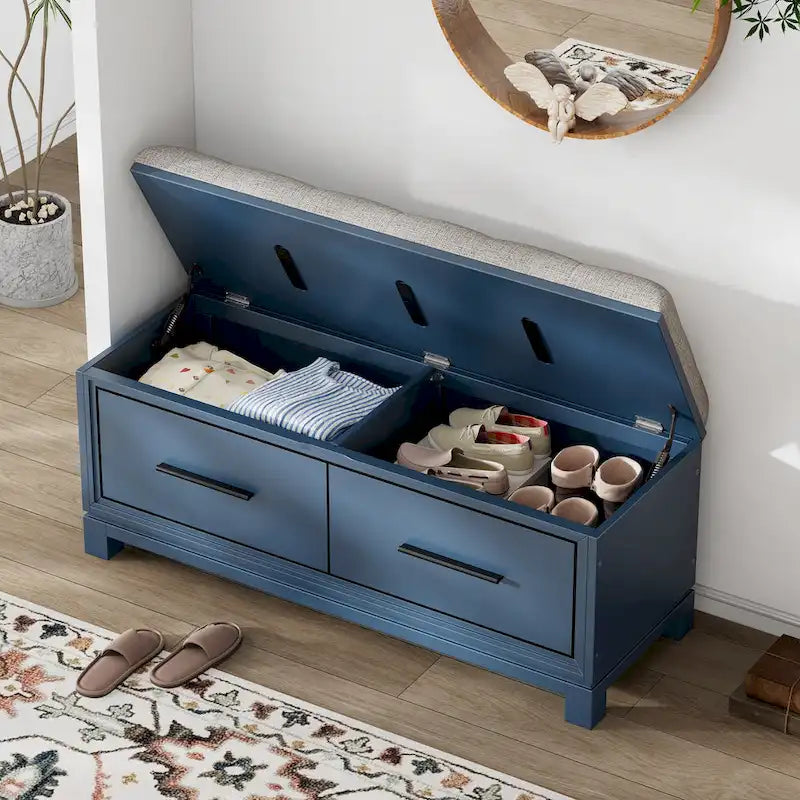 43 Shoe Bench with Removable Cushion & Lift Top Storage, Entryway Bench Wooden End of Bed Bench, Hidden Storage Space