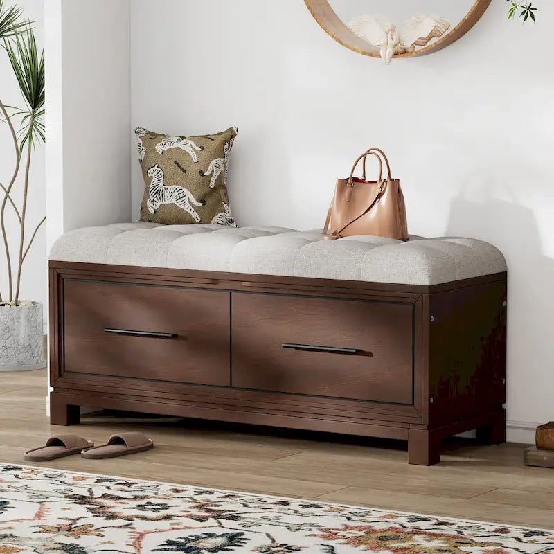 43 Shoe Bench with Removable Cushion & Lift Top Storage, Entryway Bench Wooden End of Bed Bench, Hidden Storage Space