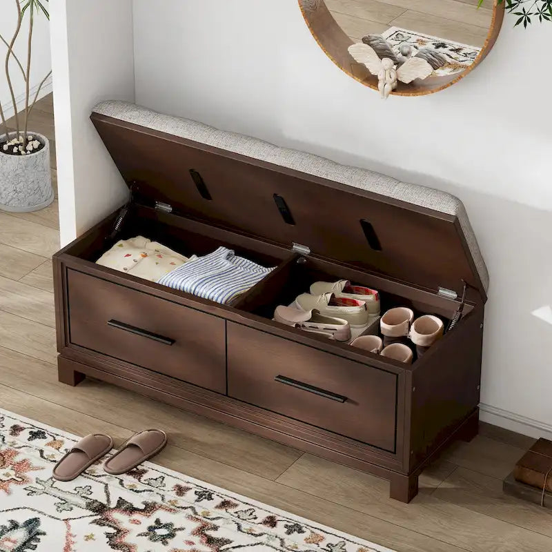 43 Shoe Bench with Removable Cushion & Lift Top Storage, Entryway Bench Wooden End of Bed Bench, Hidden Storage Space