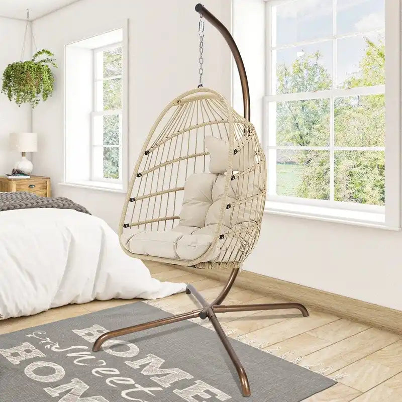 FINCATI Indoor Royal Oversized Hanging Egg Chair with Stand, 350 lbs Outdoor Egg Swing Chair with Stand, Cozy Egg Chair Swing