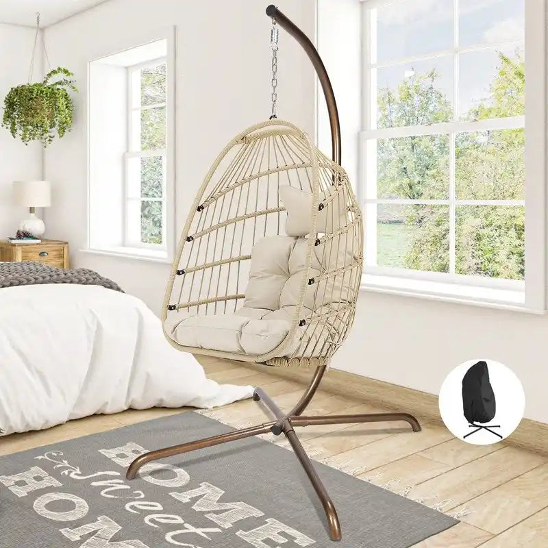 FINCATI Indoor Royal Oversized Hanging Egg Chair with Stand, 350 lbs Outdoor Egg Swing Chair with Stand, Cozy Egg Chair Swing