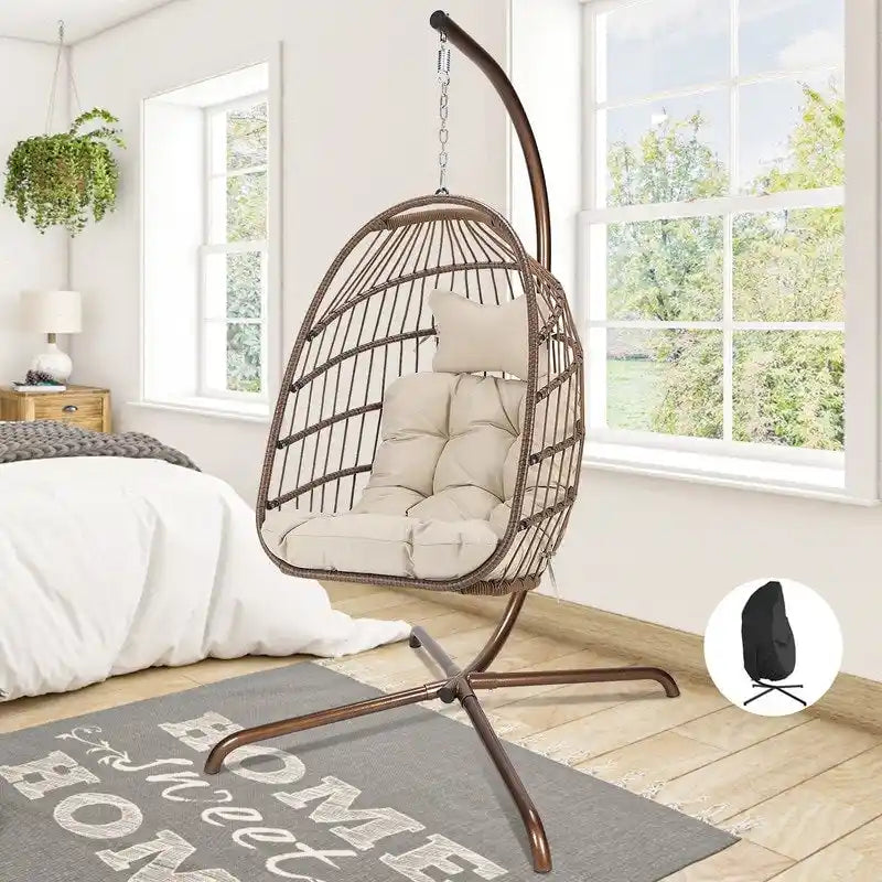 FINCATI Indoor Royal Oversized Hanging Egg Chair with Stand, 350 lbs Outdoor Egg Swing Chair with Stand, Cozy Egg Chair Swing