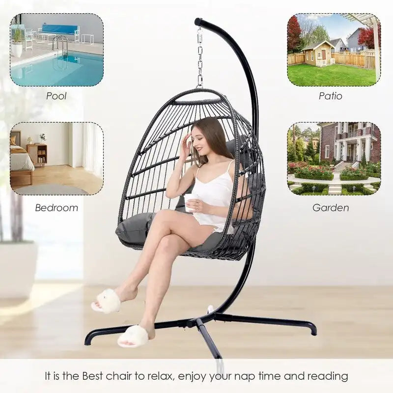 FINCATI Indoor Royal Oversized Hanging Egg Chair with Stand, 350 lbs Outdoor Egg Swing Chair with Stand, Cozy Egg Chair Swing