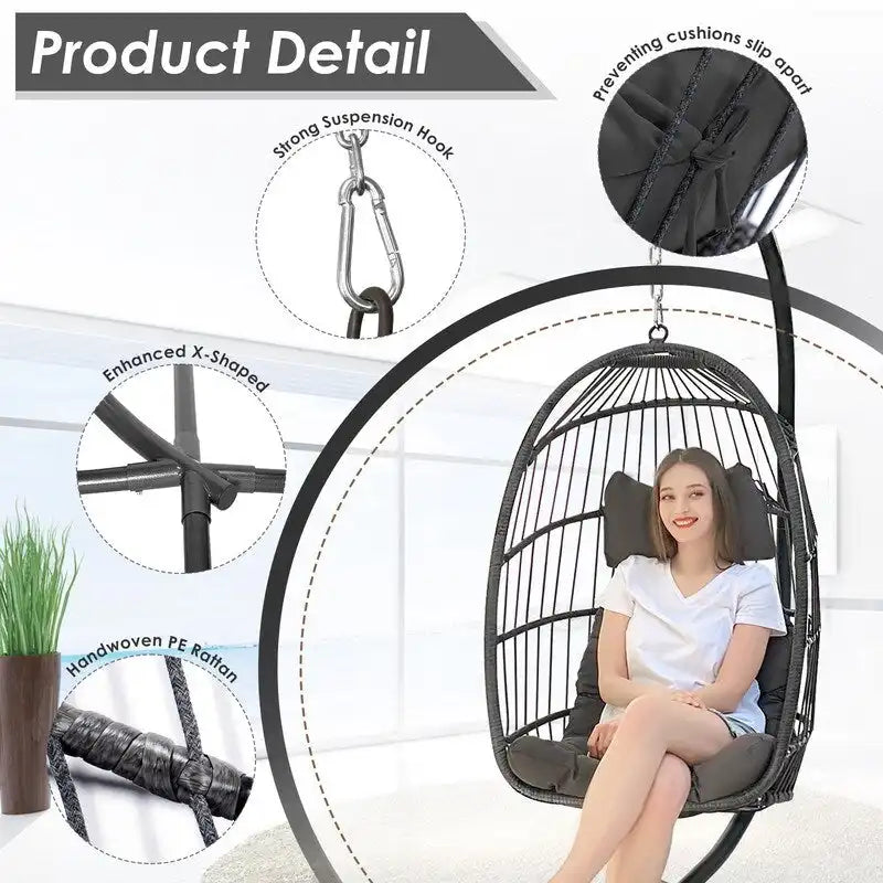 FINCATI Indoor Royal Oversized Hanging Egg Chair with Stand, 350 lbs Outdoor Egg Swing Chair with Stand, Cozy Egg Chair Swing