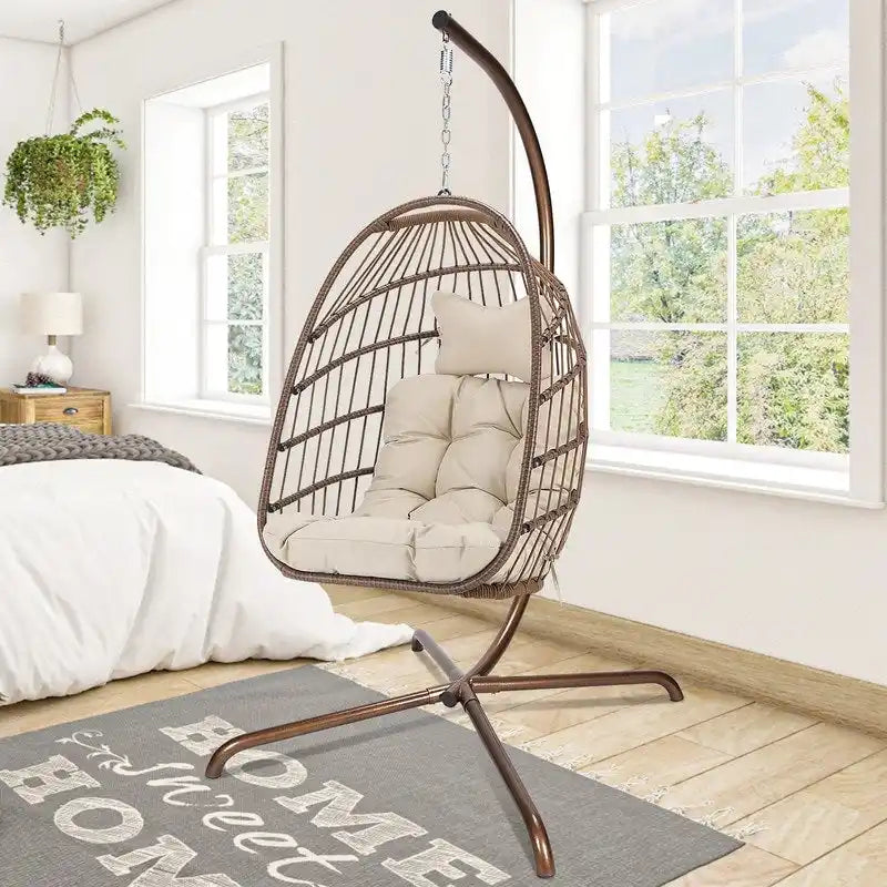 FINCATI Indoor Royal Oversized Hanging Egg Chair with Stand, 350 lbs Outdoor Egg Swing Chair with Stand, Cozy Egg Chair Swing