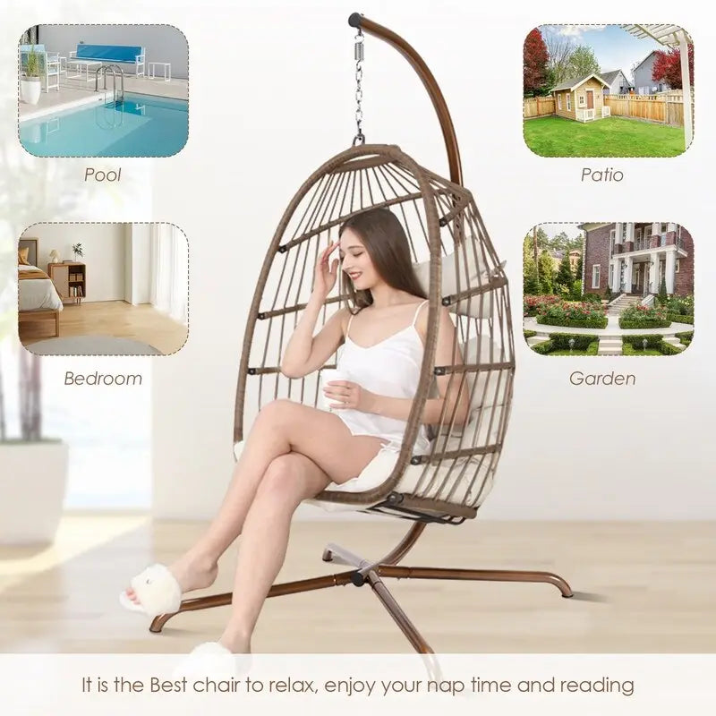 FINCATI Indoor Royal Oversized Hanging Egg Chair with Stand, 350 lbs Outdoor Egg Swing Chair with Stand, Cozy Egg Chair Swing