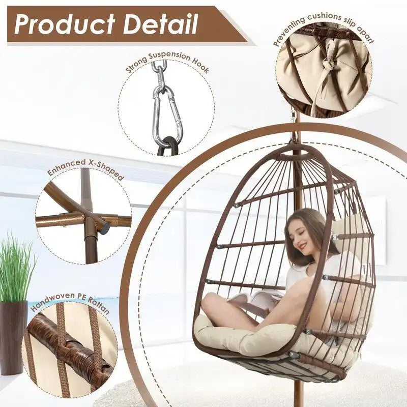 FINCATI Indoor Royal Oversized Hanging Egg Chair with Stand, 350 lbs Outdoor Egg Swing Chair with Stand, Cozy Egg Chair Swing