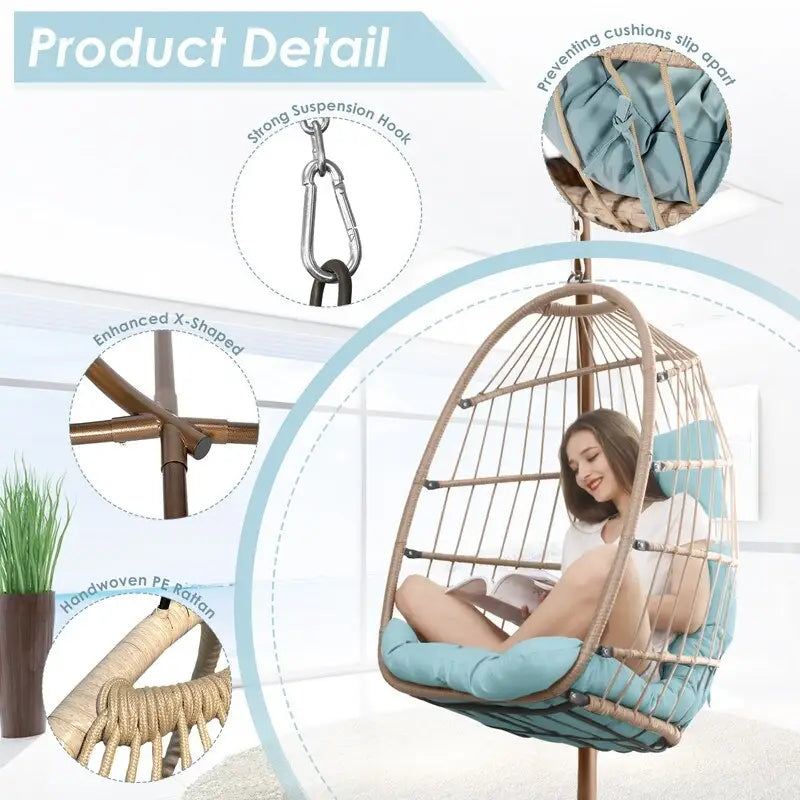 FINCATI Indoor Royal Oversized Hanging Egg Chair with Stand, 350 lbs Outdoor Egg Swing Chair with Stand, Cozy Egg Chair Swing