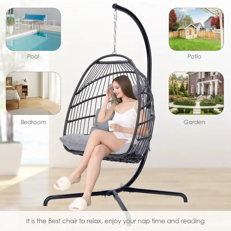 FINCATI Indoor Royal Oversized Hanging Egg Chair with Stand, 350 lbs Outdoor Egg Swing Chair with Stand, Cozy Egg Chair Swing