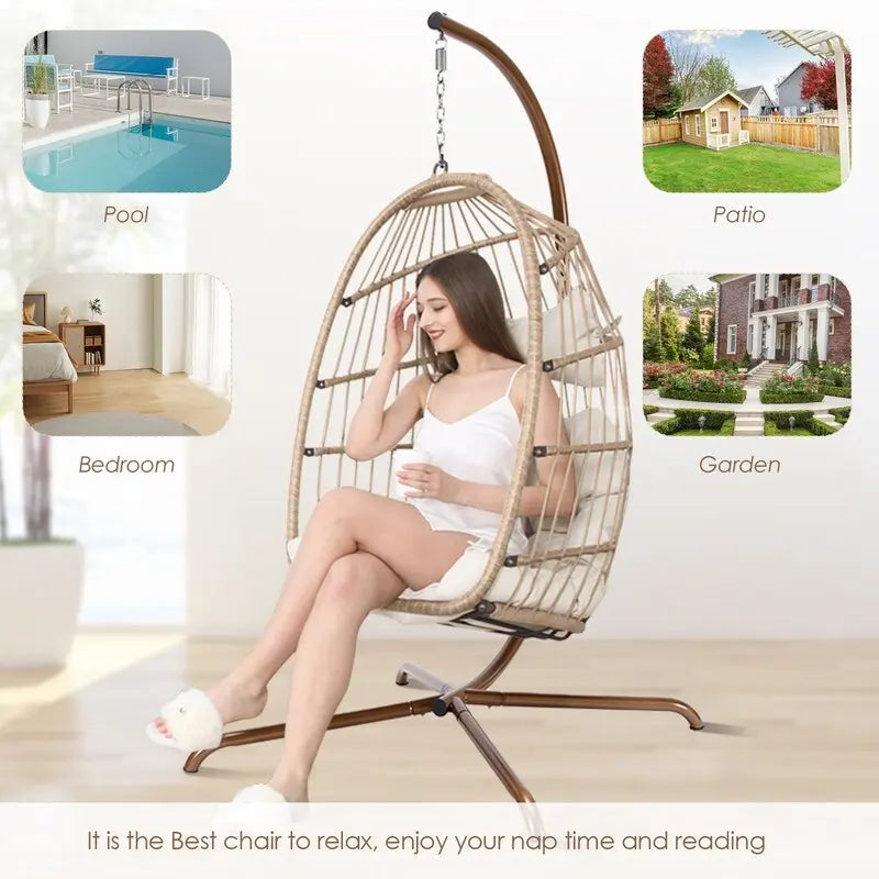 FINCATI Indoor Royal Oversized Hanging Egg Chair with Stand, 350 lbs Outdoor Egg Swing Chair with Stand, Cozy Egg Chair Swing