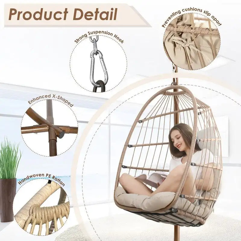 FINCATI Indoor Royal Oversized Hanging Egg Chair with Stand, 350 lbs Outdoor Egg Swing Chair with Stand, Cozy Egg Chair Swing