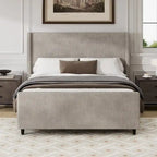 Queen Size Platform Bed Taupe Corduroy Fabric Wingback Bed