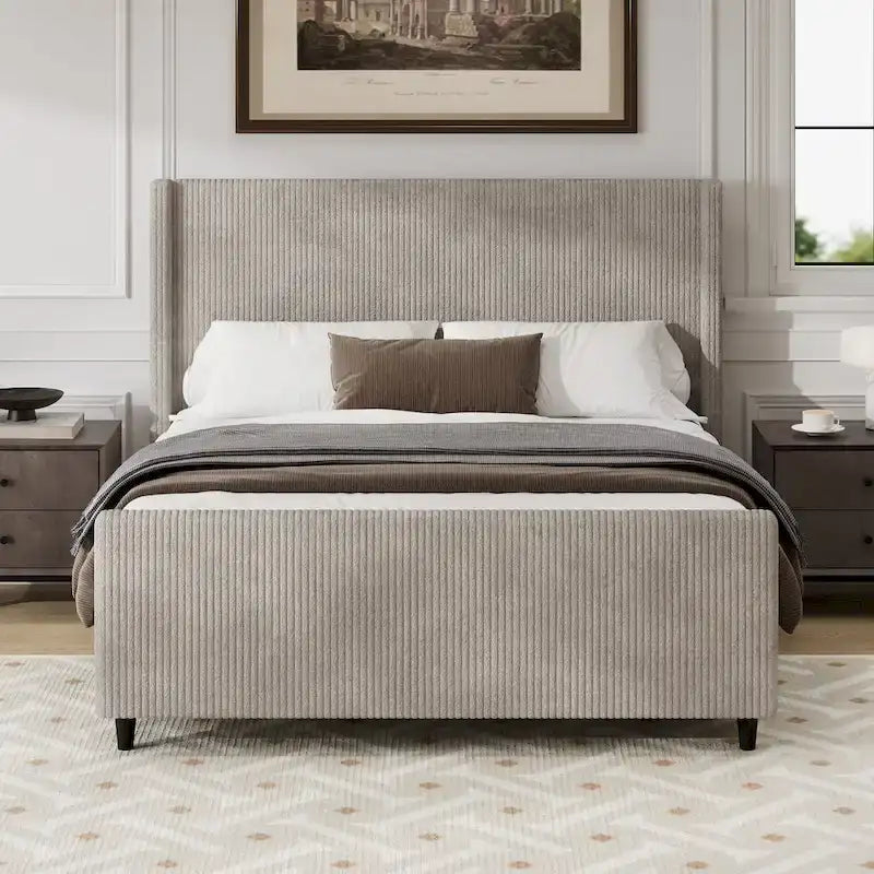 Queen Size Platform Bed Taupe Corduroy Fabric Wingback Bed