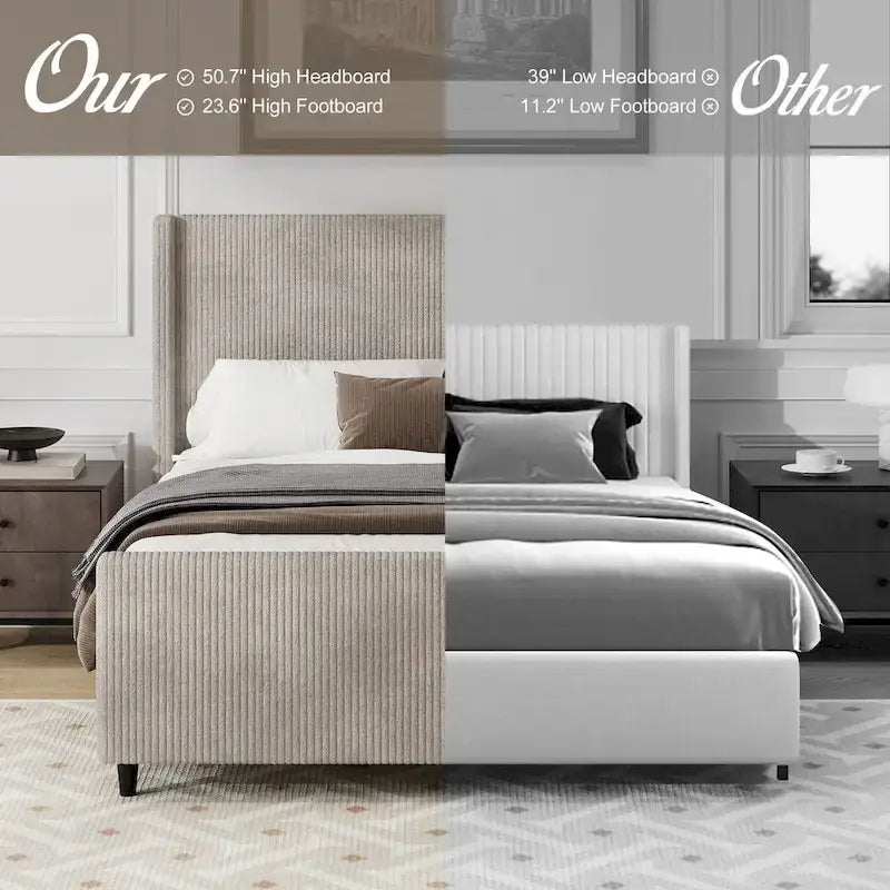 Queen Size Platform Bed Taupe Corduroy Fabric Wingback Bed