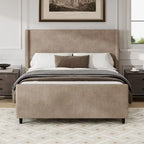 Queen Size Platform Bed Taupe Corduroy Fabric Wingback Bed