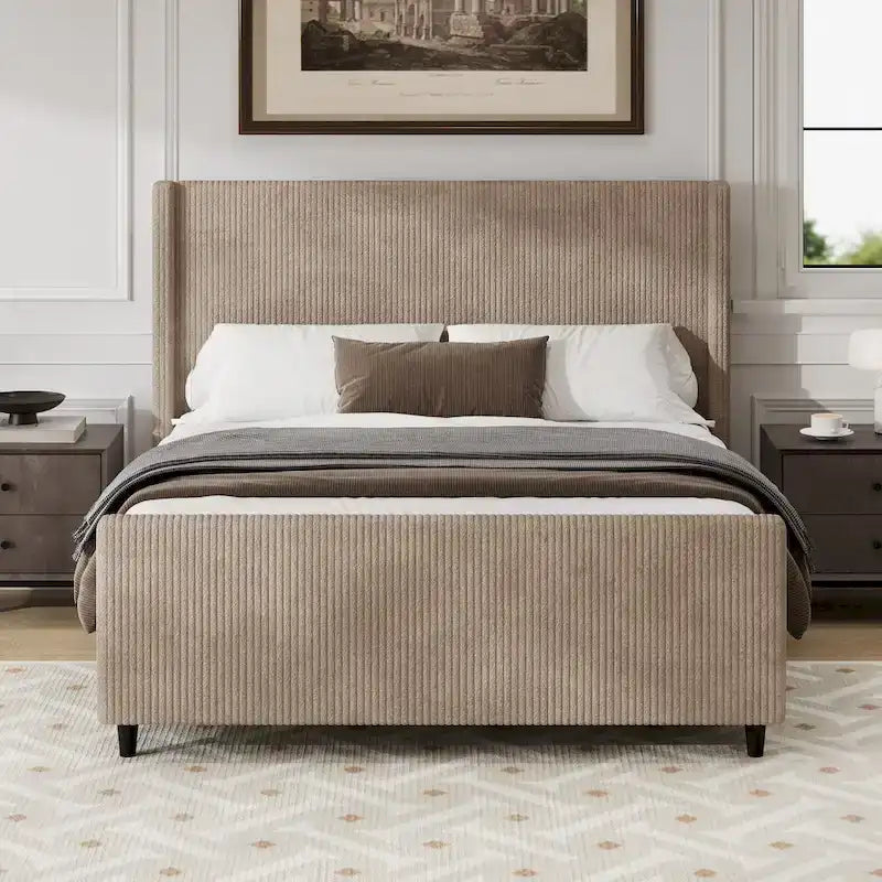 Queen Size Platform Bed Taupe Corduroy Fabric Wingback Bed