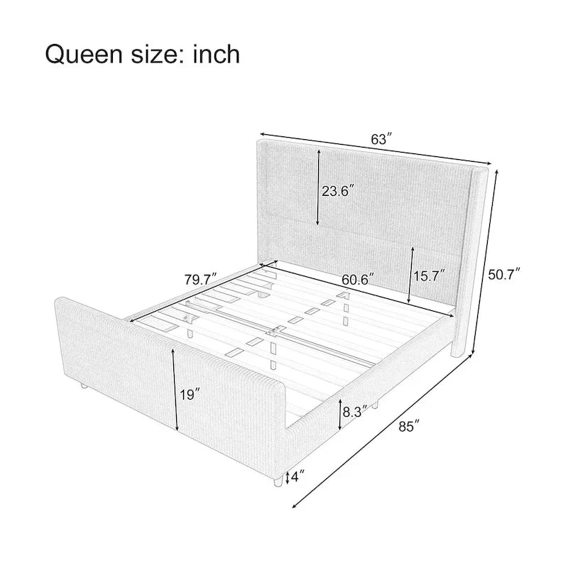 Queen Size Platform Bed Taupe Corduroy Fabric Wingback Bed