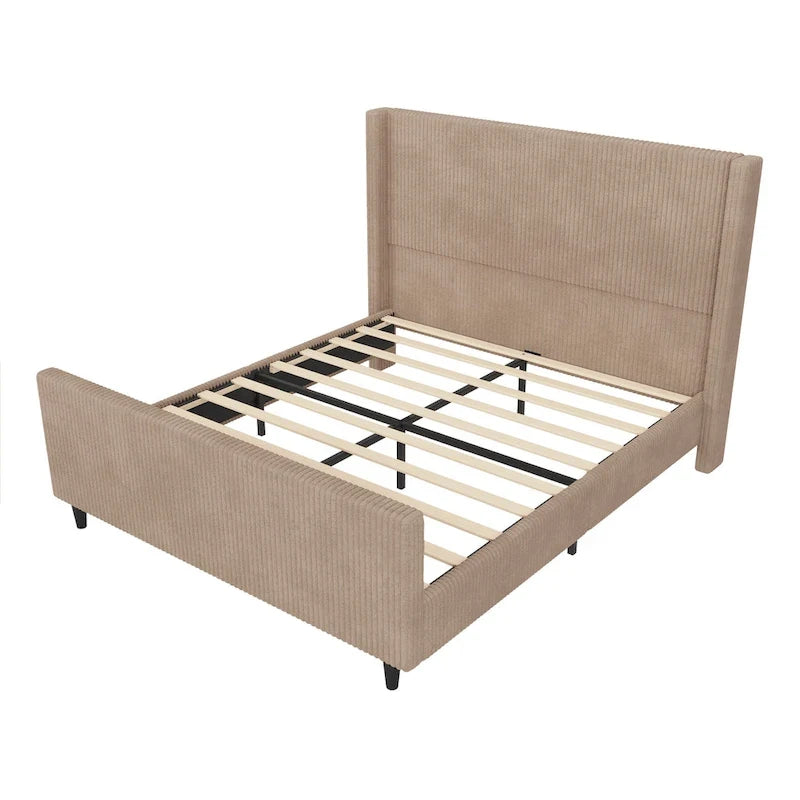 Queen Size Platform Bed Taupe Corduroy Fabric Wingback Bed