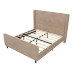 Queen Size Platform Bed Taupe Corduroy Fabric Wingback Bed
