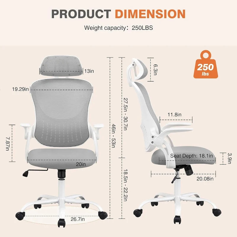 Office Computer Desk Chair, Ergonomic High-Back Mesh Rolling Work Chairs with Wheels &Adjustable Headrests, Comfy Flip-up Arms