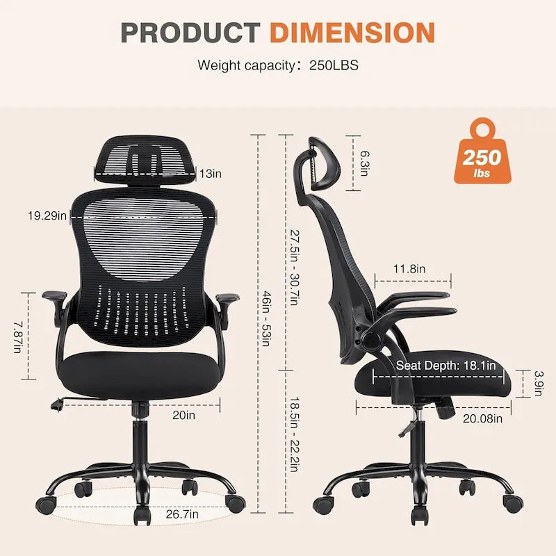 Office Computer Desk Chair, Ergonomic High-Back Mesh Rolling Work Chairs with Wheels &Adjustable Headrests, Comfy Flip-up Arms