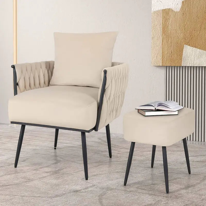 Gymax Modern Dutch Velvet Accent Chair & Ottoman Set Single Leisure