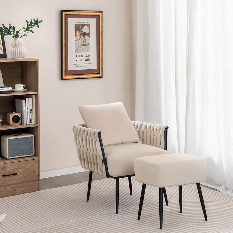 Gymax Modern Dutch Velvet Accent Chair & Ottoman Set Single Leisure