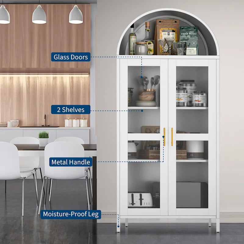 73 in Tall Metal Arched Cabinet, Modern Arch Kitchen Pantry Storage Cabinet with Glass Doors and 2 Adjustable Shelves