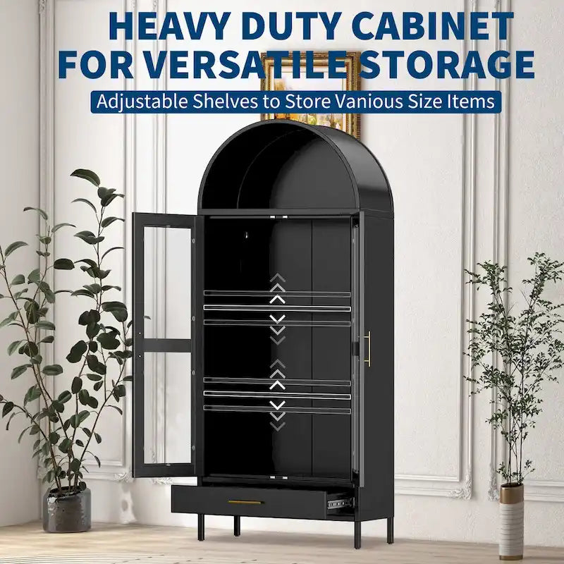 73 in Tall Metal Arched Cabinet, Modern Arch Kitchen Pantry Storage Cabinet with Glass Doors and 2 Adjustable Shelves