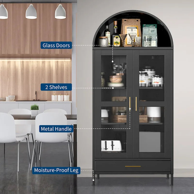 73 in Tall Metal Arched Cabinet, Modern Arch Kitchen Pantry Storage Cabinet with Glass Doors and 2 Adjustable Shelves