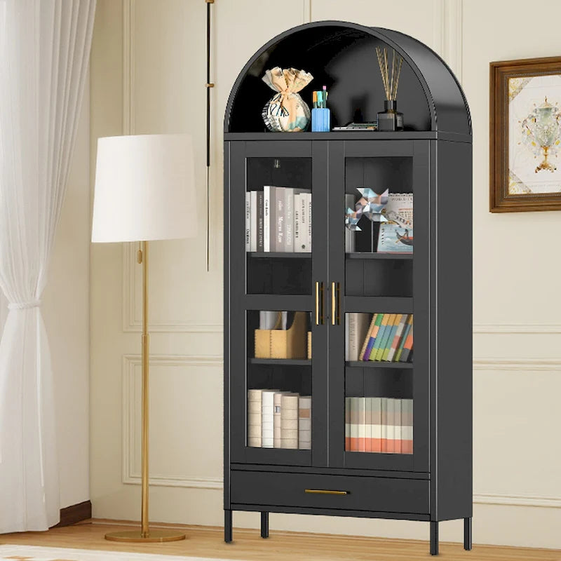 73 in Tall Metal Arched Cabinet, Modern Arch Kitchen Pantry Storage Cabinet with Glass Doors and 2 Adjustable Shelves