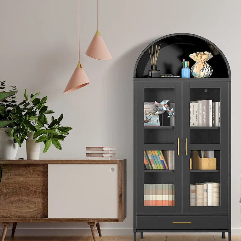 73 in Tall Metal Arched Cabinet, Modern Arch Kitchen Pantry Storage Cabinet with Glass Doors and 2 Adjustable Shelves