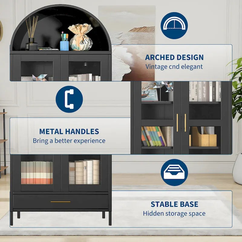 73 in Tall Metal Arched Cabinet, Modern Arch Kitchen Pantry Storage Cabinet with Glass Doors and 2 Adjustable Shelves